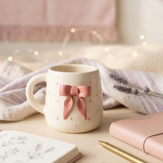 aesthetic ceramic mug with pink bow design cute coffee mug for girls cozy home decor