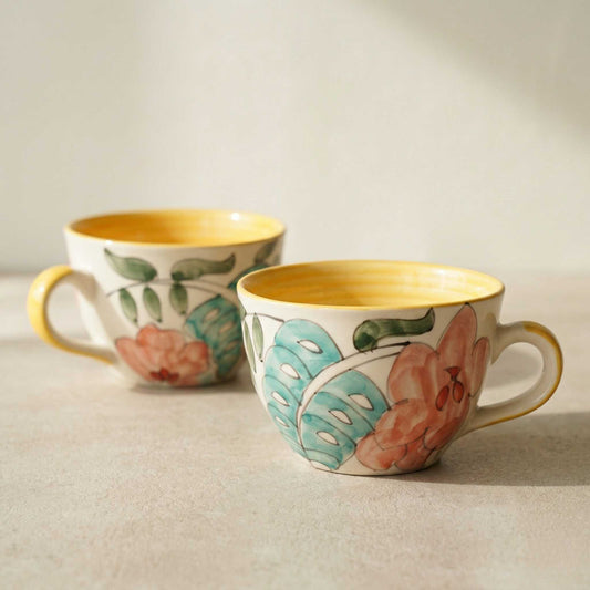 yellow floral ceramic soup cup handpainted tea mug with handle - Buy Online