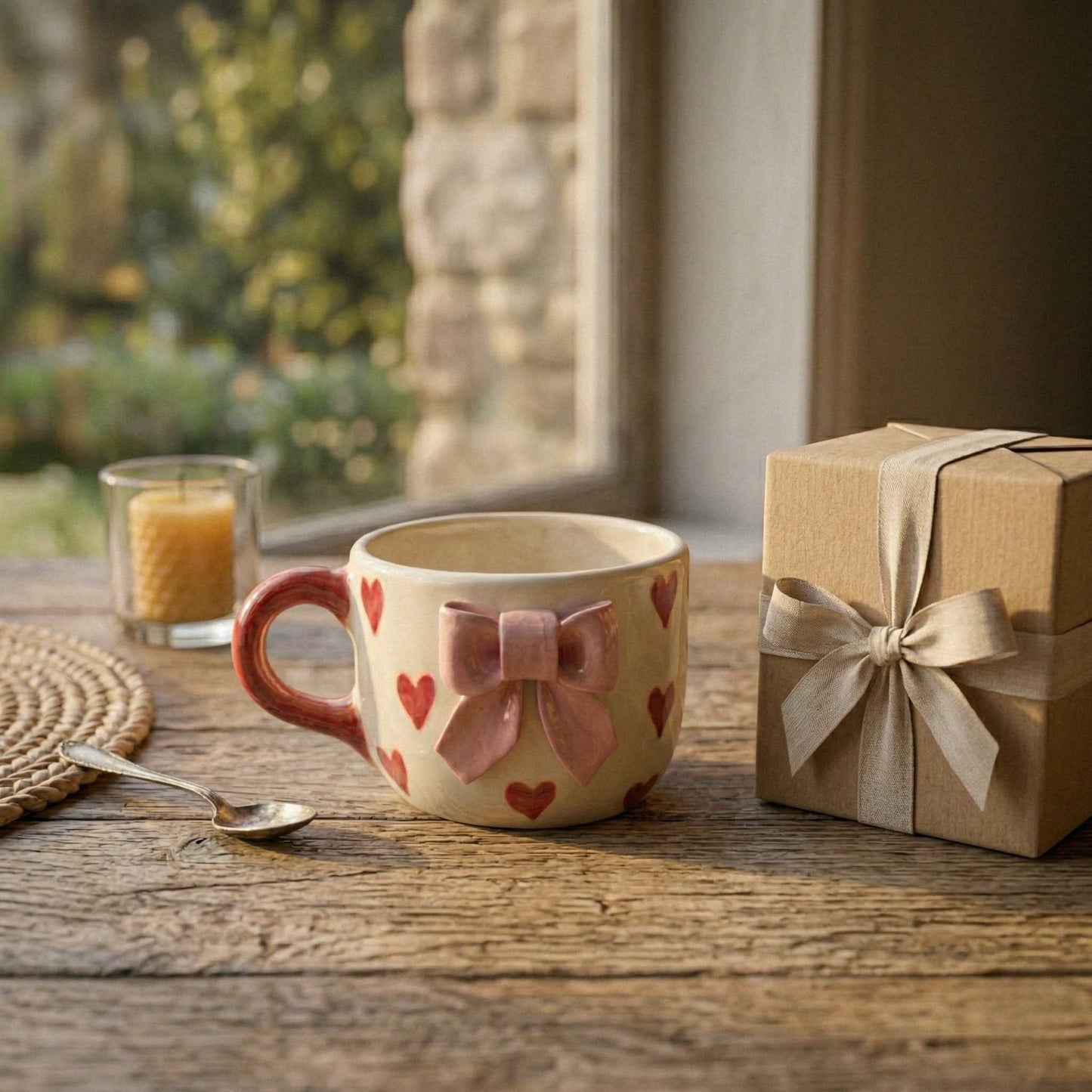 cute ceramic mug with bow and heart pattern aesthetic mugs for gifting