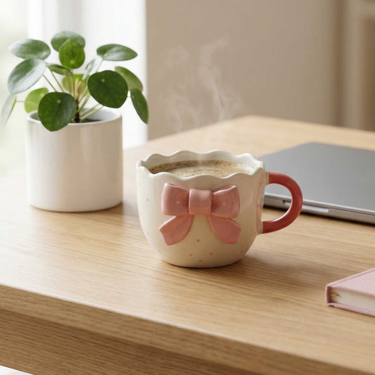 cute bow mug with dots aesthetic coffee mug for girls trendy mugs