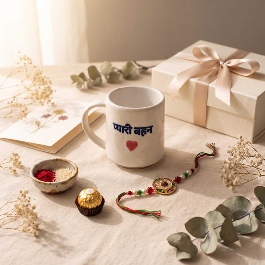 Premium Rakhi gift hamper featuring Pyari Behan ceramic mug