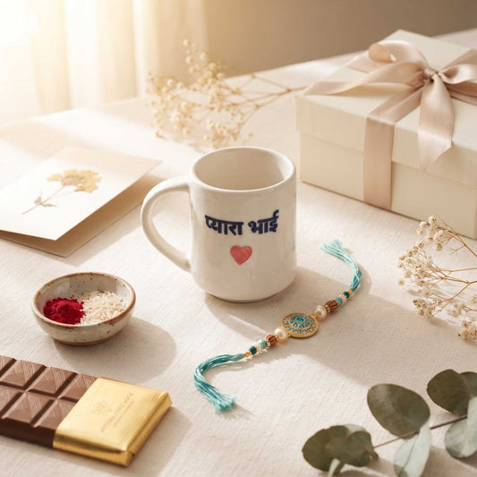 ceramic Pyara Bhai mug with red heart design and premium Raksha Bandhan gift hamper