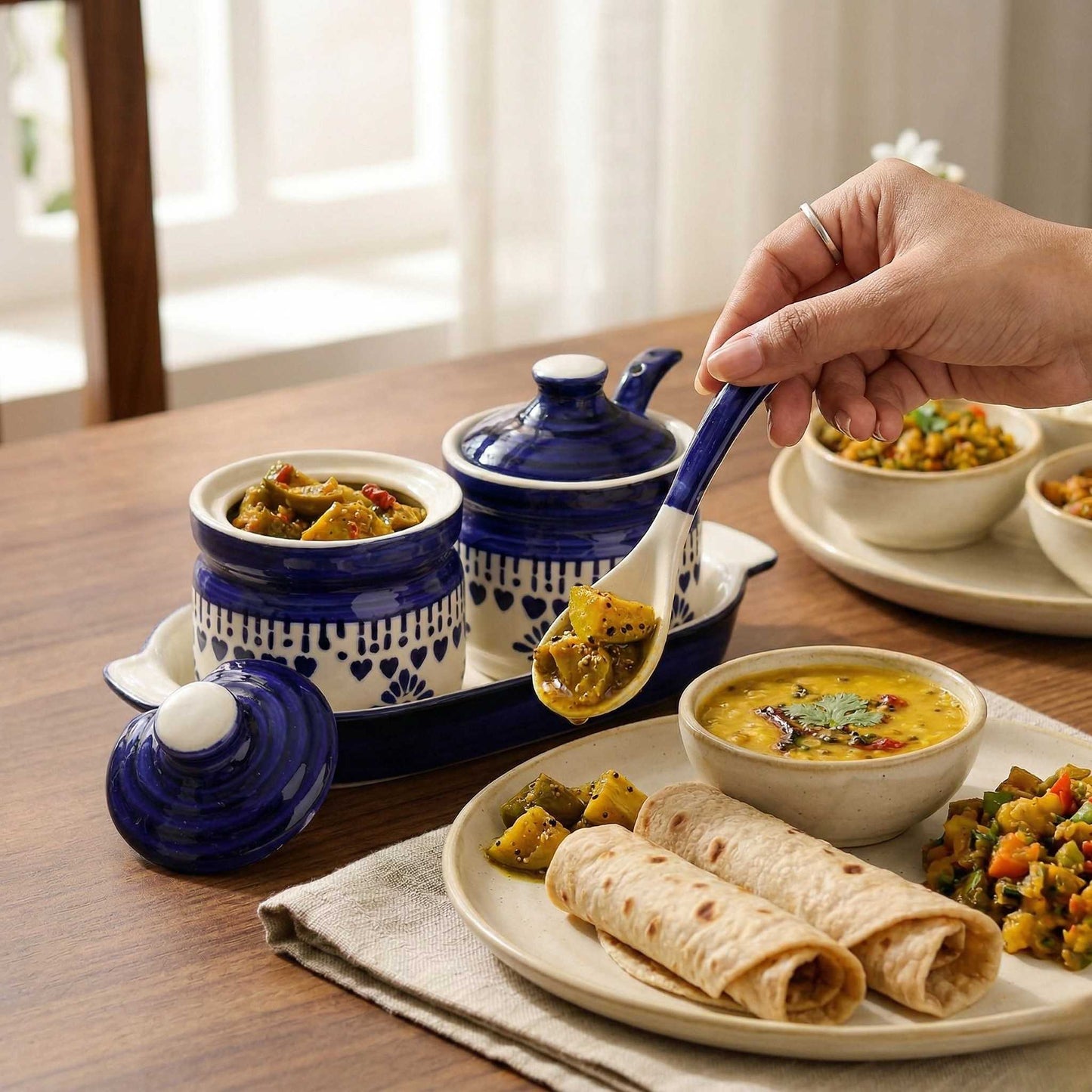 buy achar jar set ceramic with tray spoon blue color