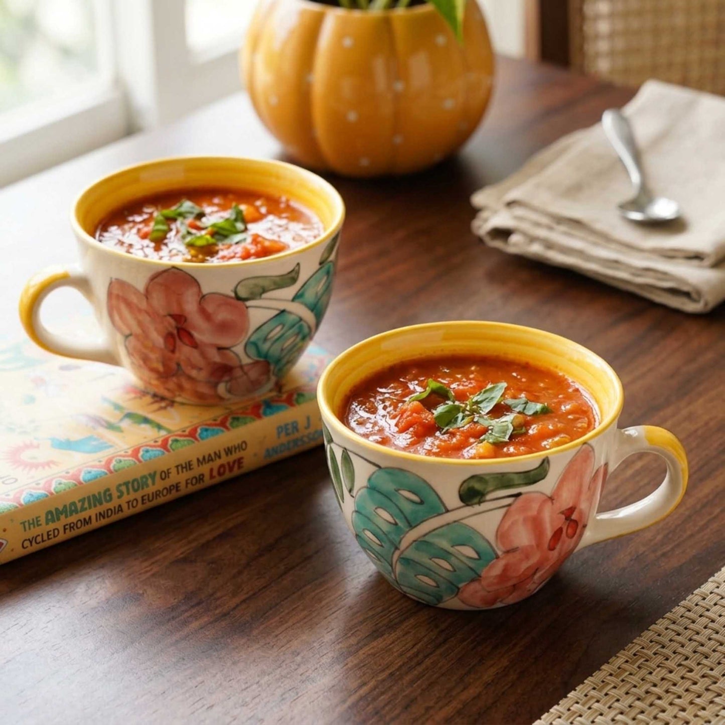 botanical floral ceramic mug handpainted soup cup with handle