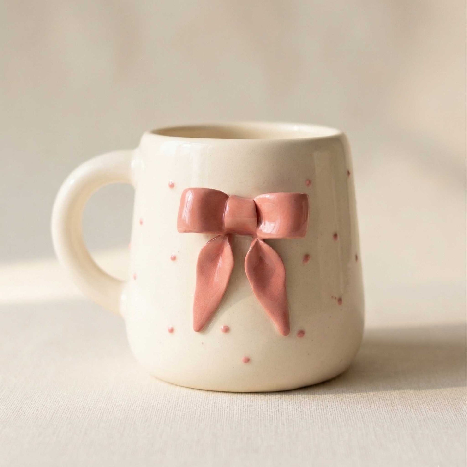 blush bow ceramic coffee mug aesthetic cute pastel mug for girls handmade coffee mug india