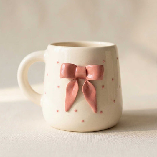 blush bow ceramic coffee mug aesthetic cute pastel mug for girls handmade coffee mug india