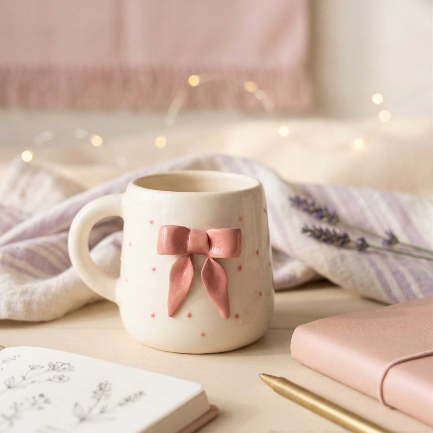 aesthetic ceramic mug with pink bow design cute coffee mug for girls cozy home decor