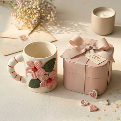 cute pink floral ceramic mug with textured petals aesthetic coffee mug for gifting