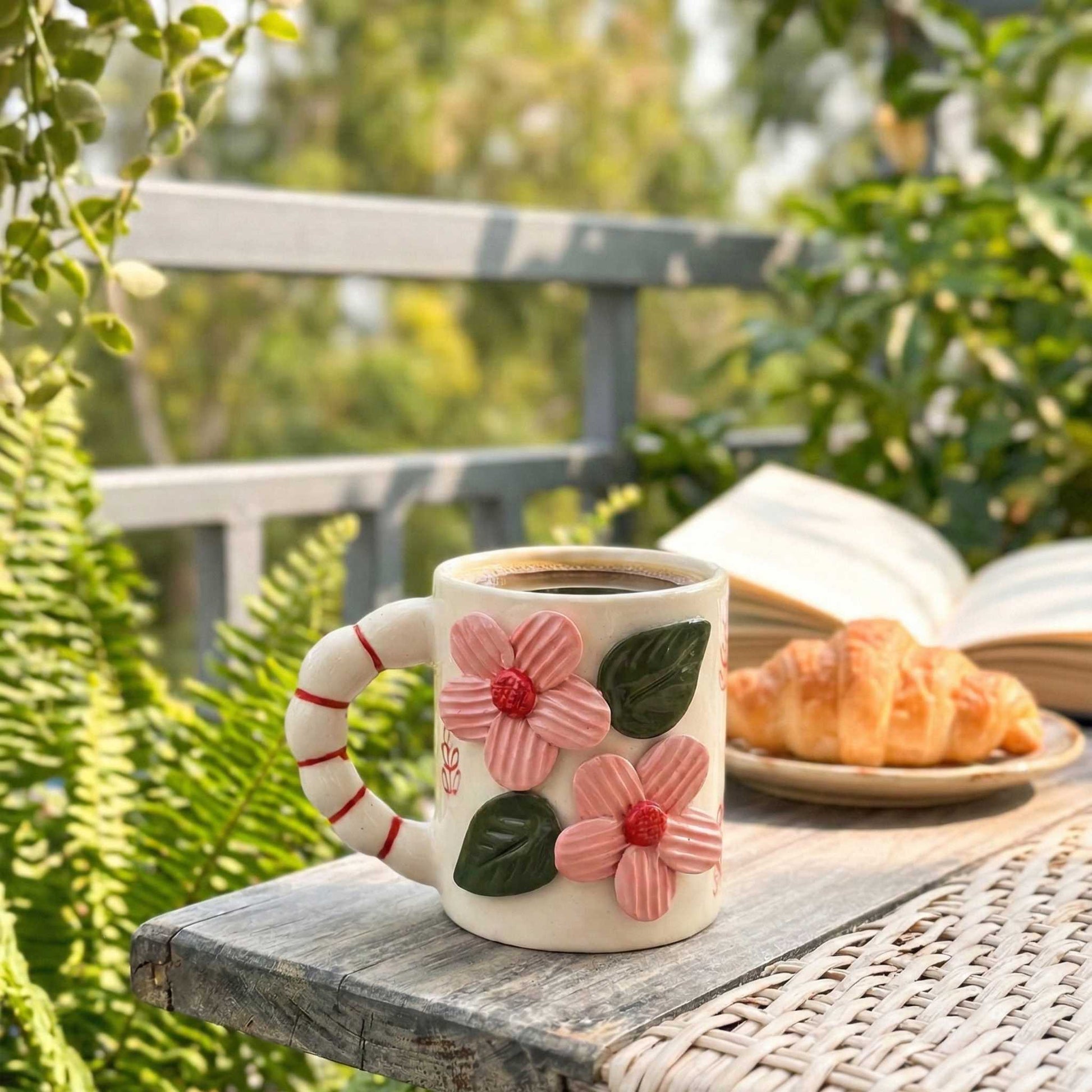 pink flower ceramic mug with 3d floral design cozy coffee mug for home decor