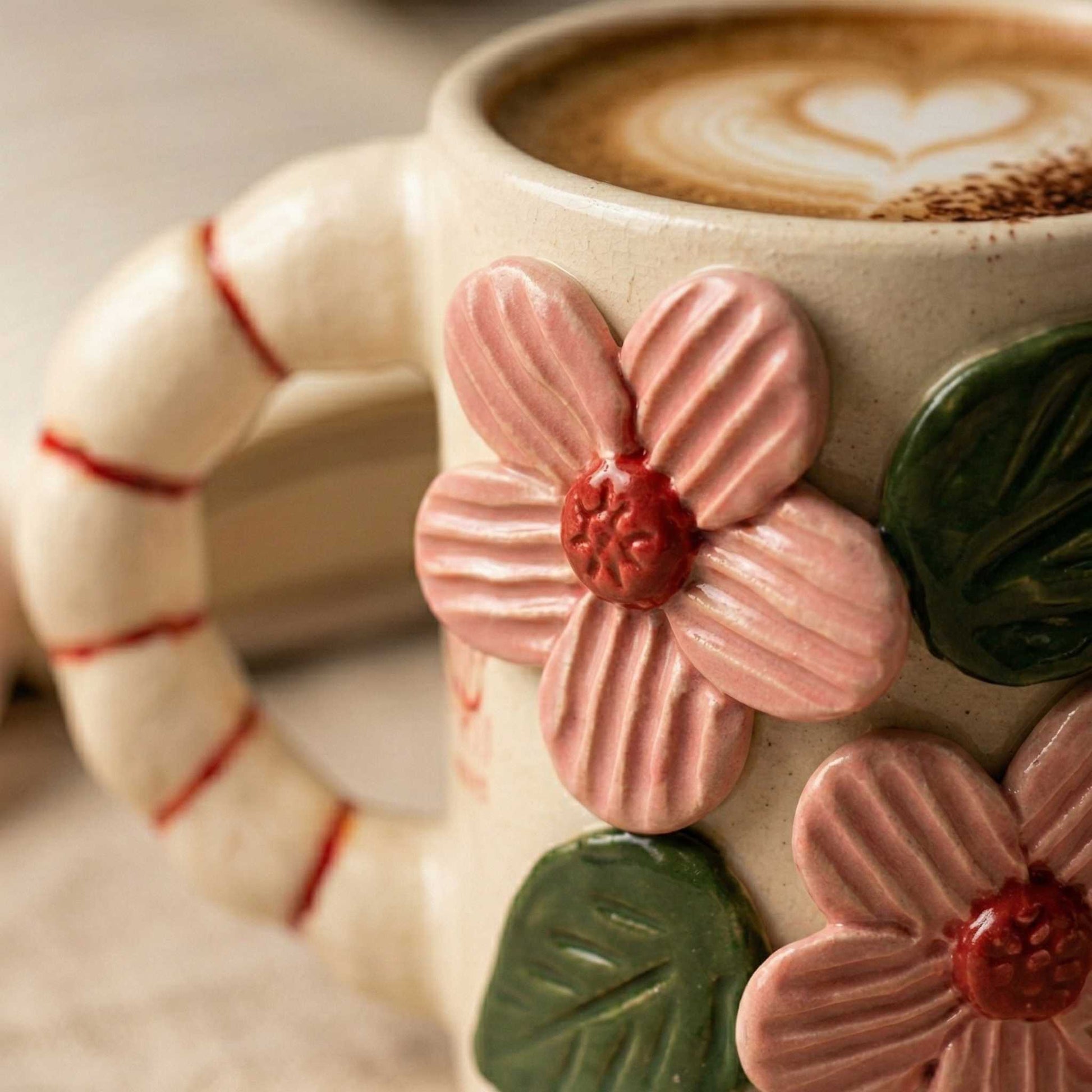 minimalist pink floral coffee mug ceramic mug with leaf detail handmade mug india