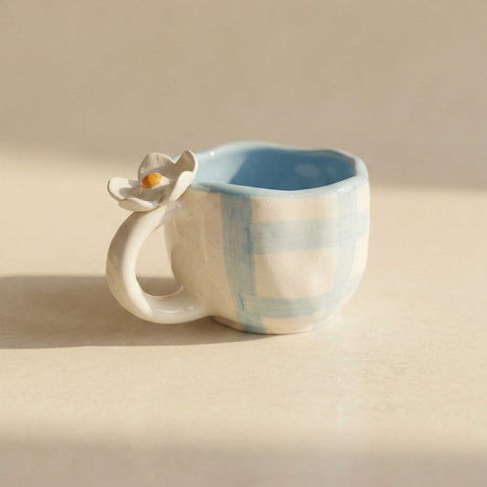 blue check daisy ceramic coffee mug aesthetic cute mug for girls pastel mug india