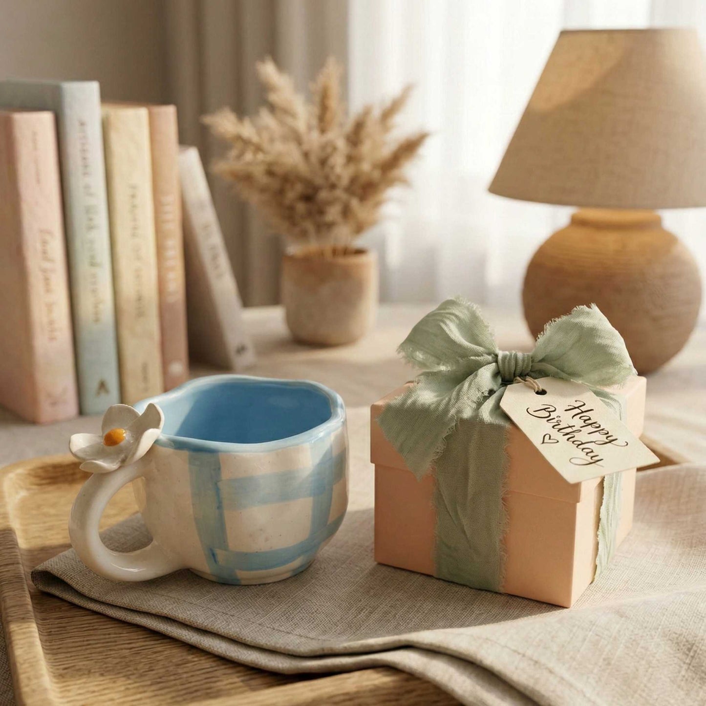 cute pastel blue check mug with daisy flower handle aesthetic coffee mug for gifting