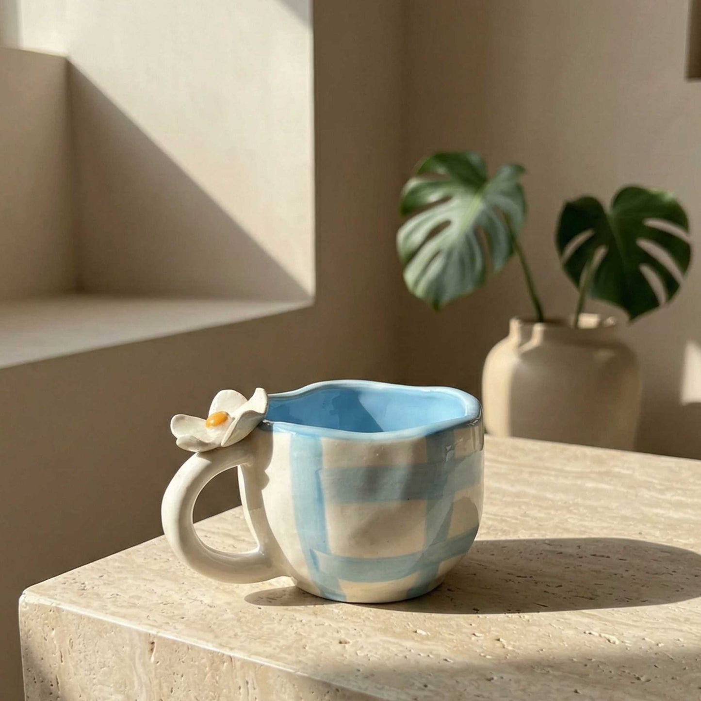 handmade blue check daisy coffee mug aesthetic ceramic mug for tea and coffee lovers india