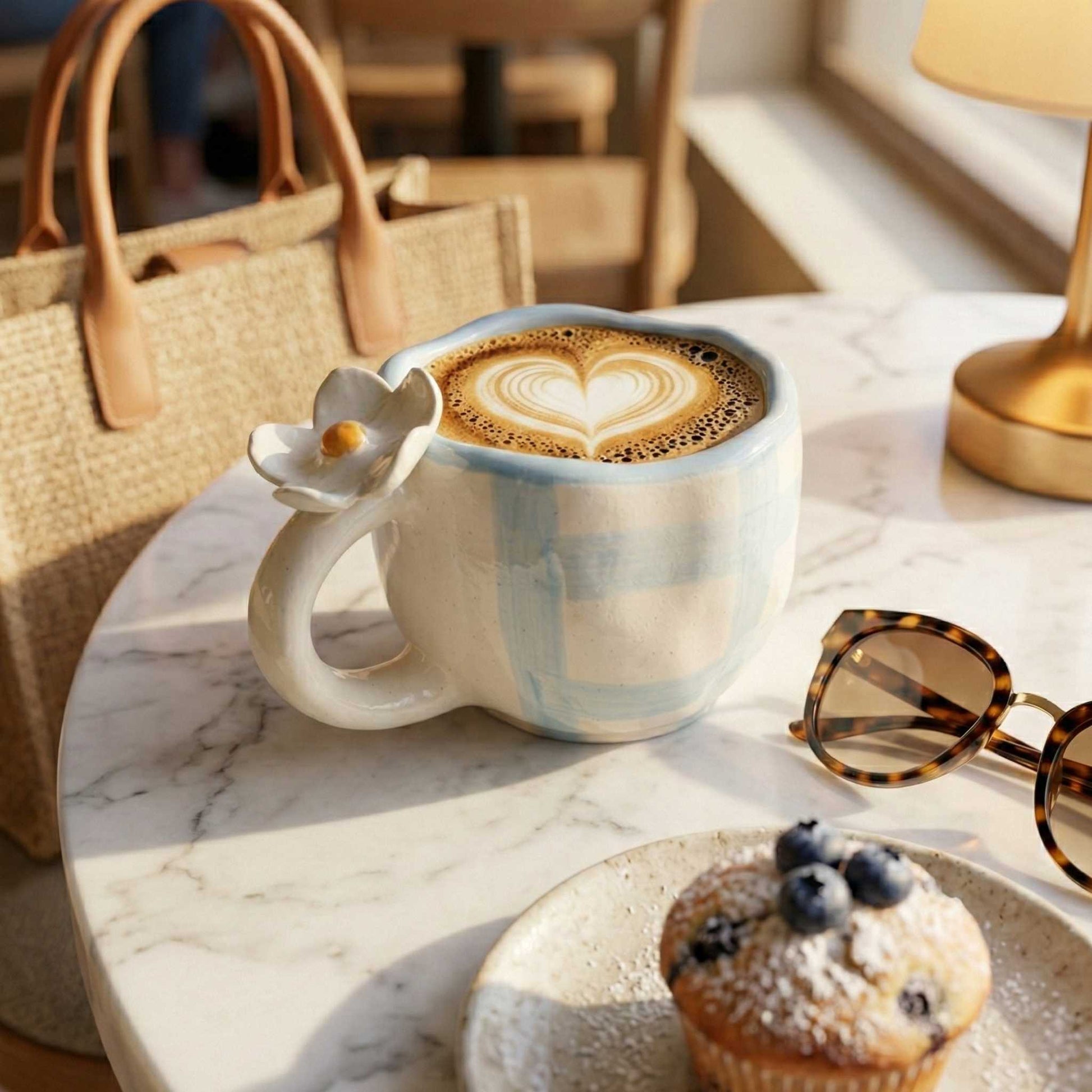 aesthetic blue check mug with daisy handle ceramic coffee mug cozy home decor mug