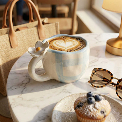 aesthetic blue check mug with daisy handle ceramic coffee mug cozy home decor mug
