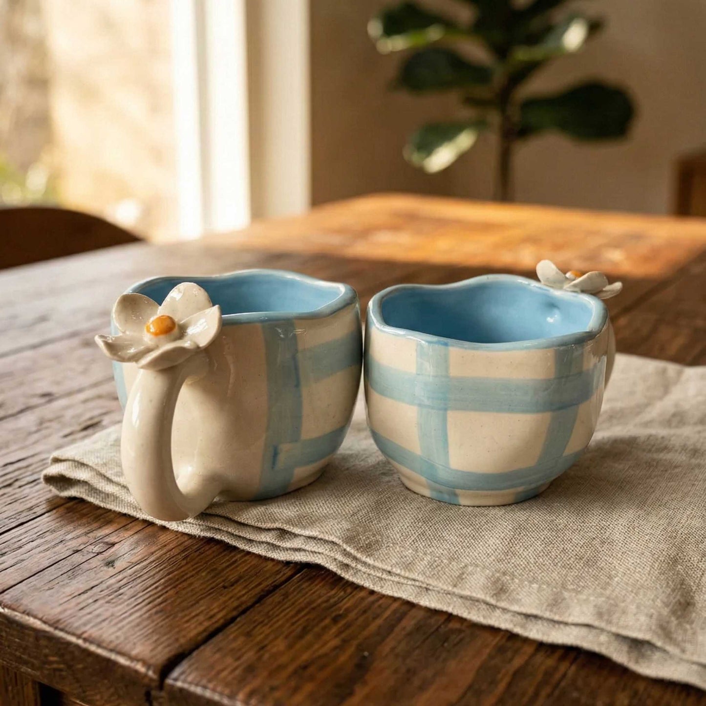 two minimalist blue check daisy mug aesthetic ceramic coffee mug cozy lifestyle decor