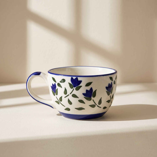 Blue Bloom ceramic soup cup with handle featuring blue floral and green leaf design