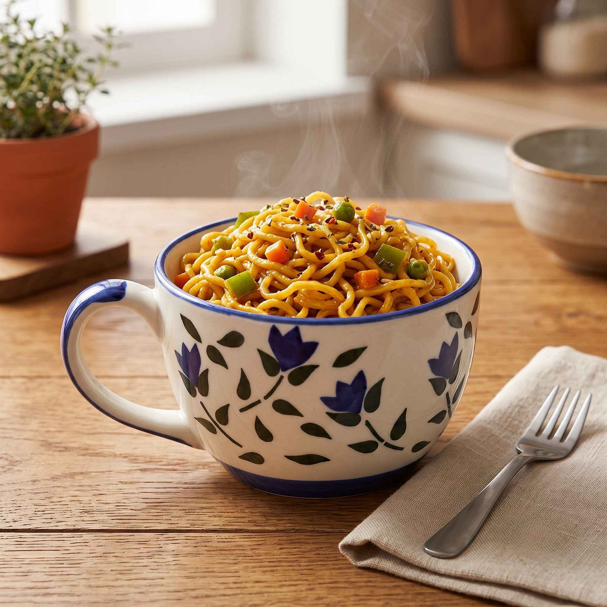 Blue ceramic soup bowl with handle for soup, noodles, ramen and everyday meals
