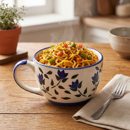 Blue ceramic soup bowl with handle for soup, noodles, ramen and everyday meals