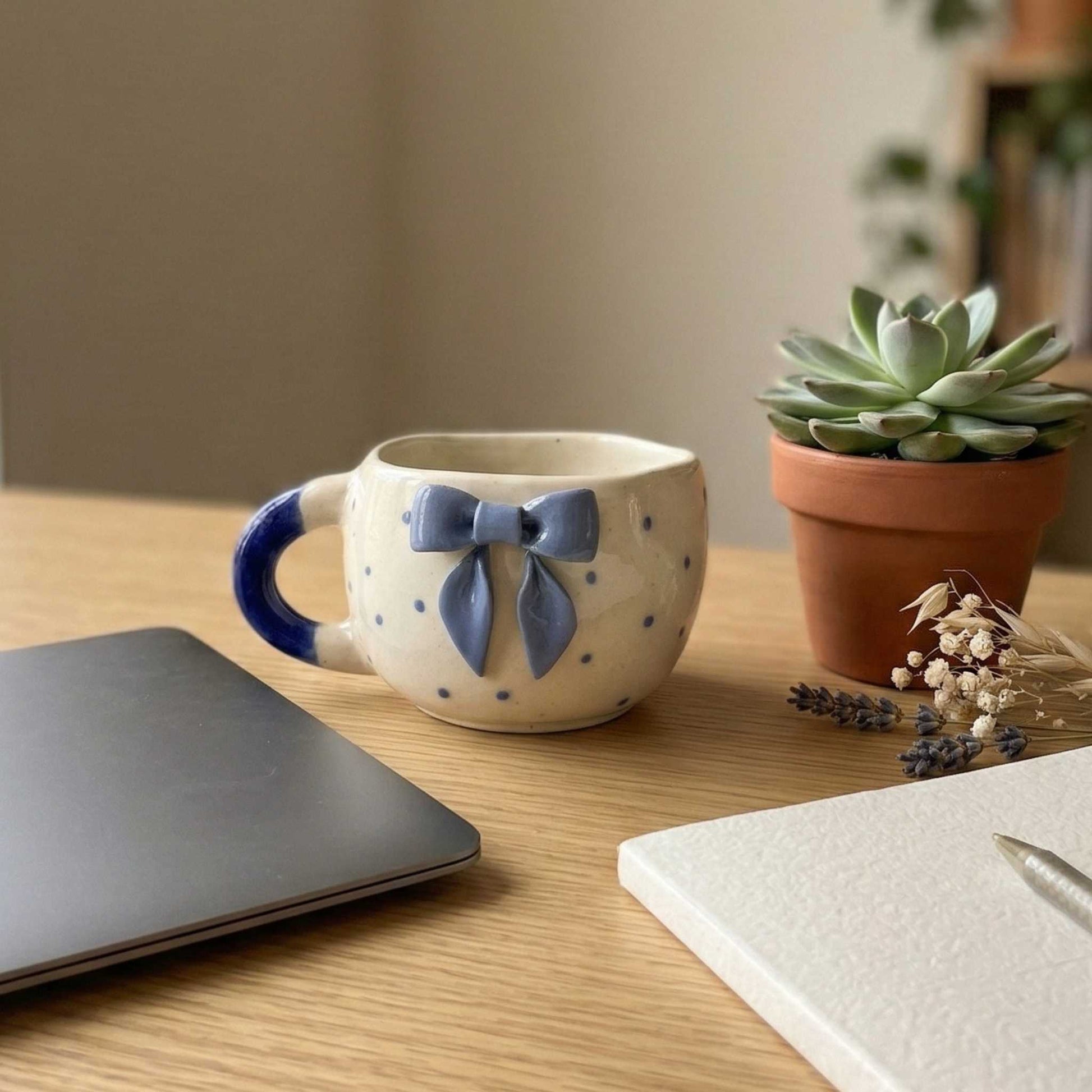 aesthetic ceramic mug with blue bow and polka dots cute coffee mug for cozy home decor