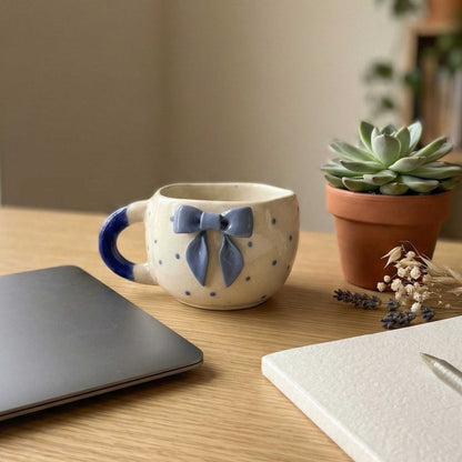 aesthetic ceramic mug with blue bow and polka dots cute coffee mug for cozy home decor