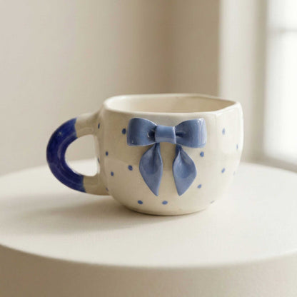 blue bow polka dot ceramic coffee mug aesthetic cute handmade mug for girls india