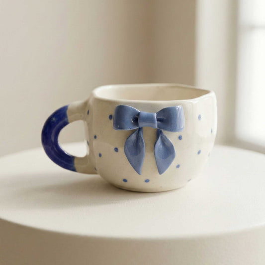 blue bow polka dot ceramic coffee mug aesthetic cute handmade mug for girls india