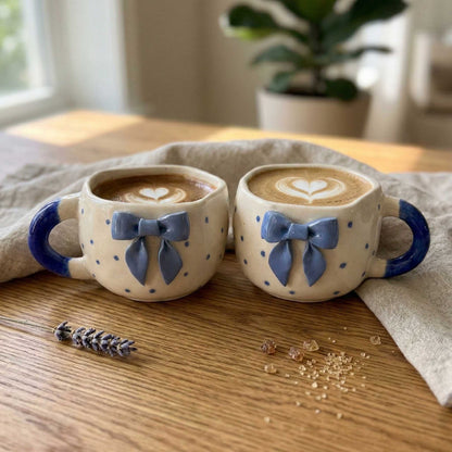 handmade blue bow polka dot mug aesthetic ceramic mug for tea and coffee lovers india