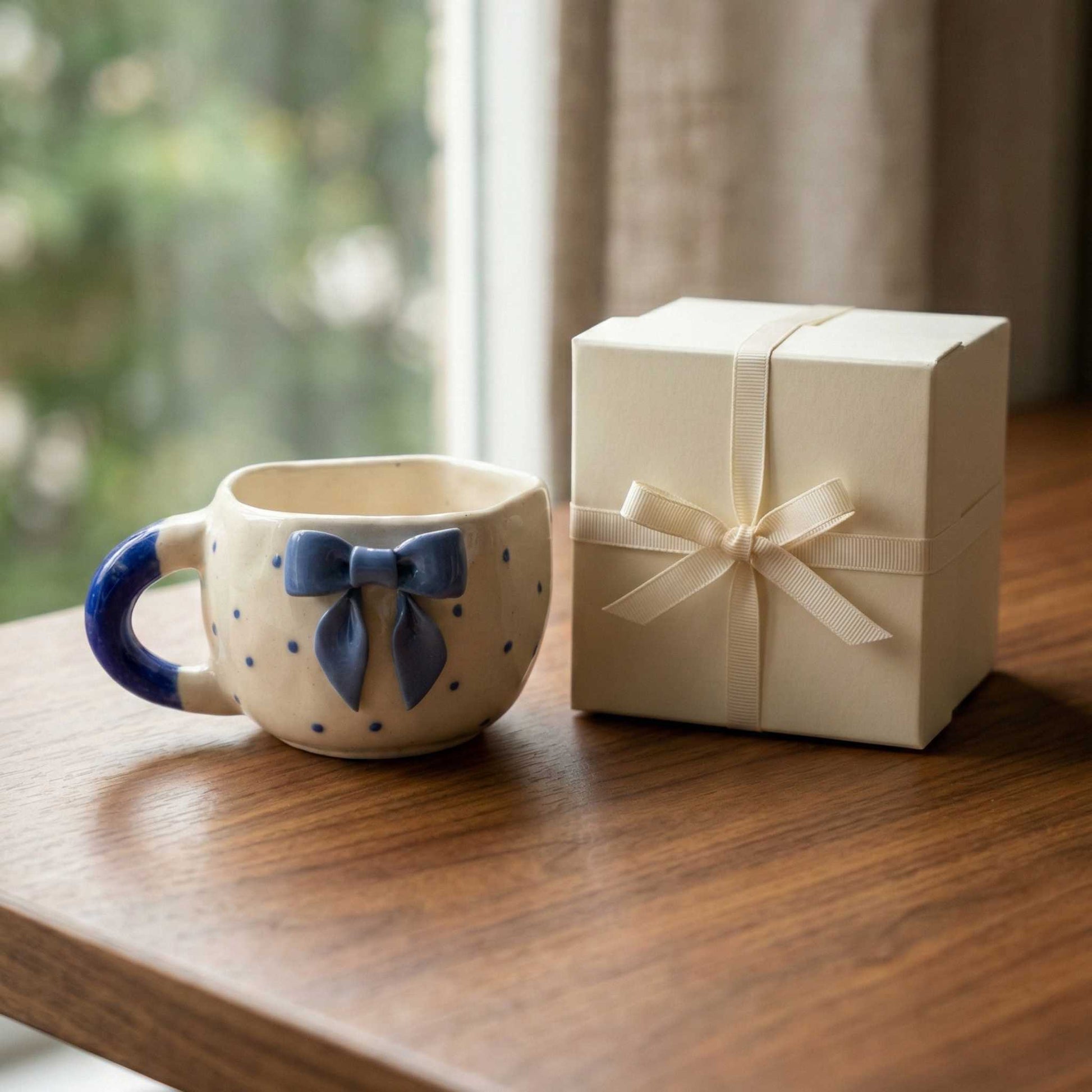 cute pastel blue bow mug with polka dots aesthetic coffee mug for girls gifting