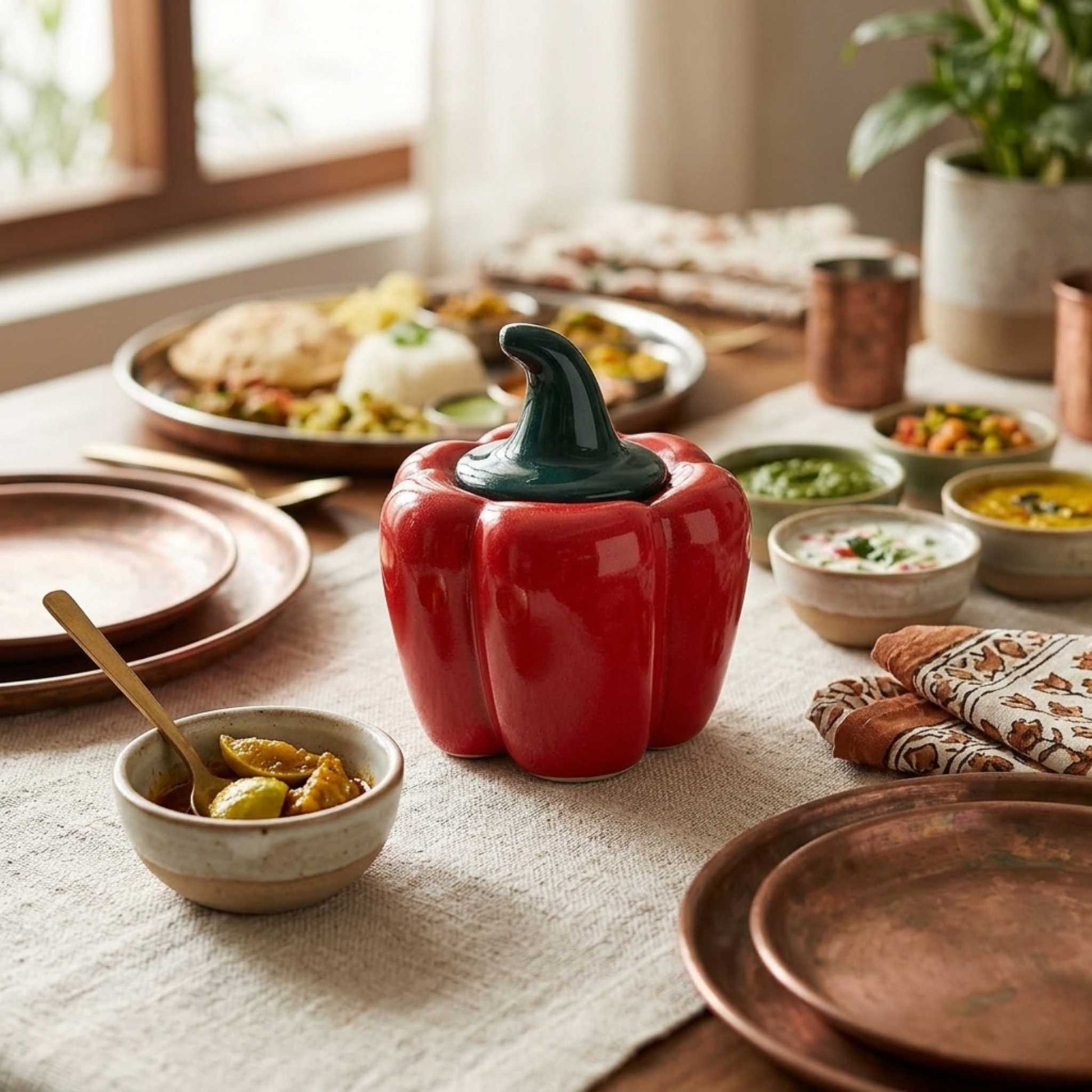 vegetable shaped ceramic jar red capsicum pickle storage container india