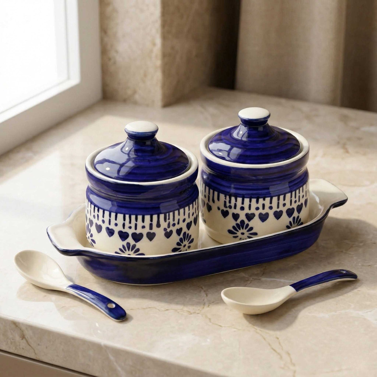 ceramic pickle jar set jhalar design with tray and spoons buy online