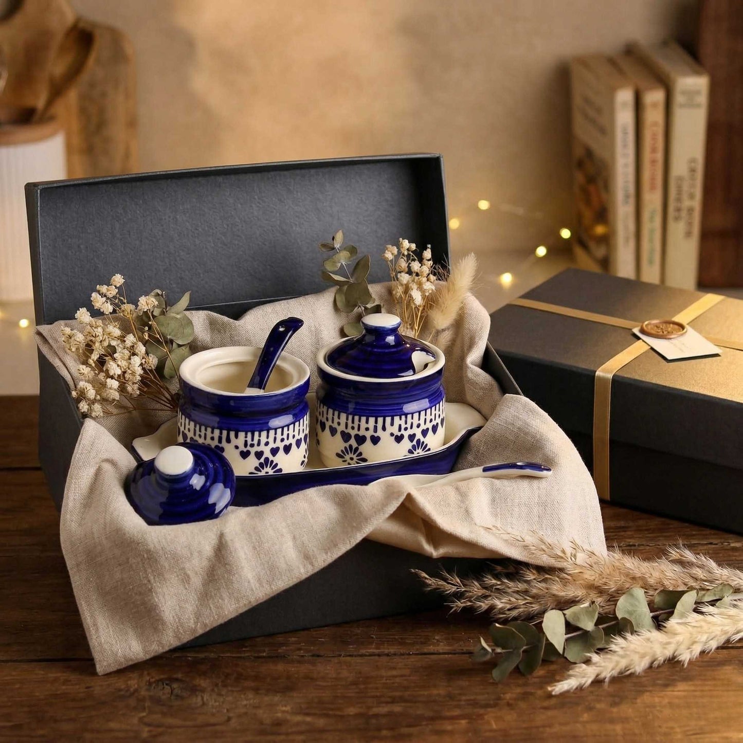 handpainted jhalar ceramic pickle jar set with tray for gifting