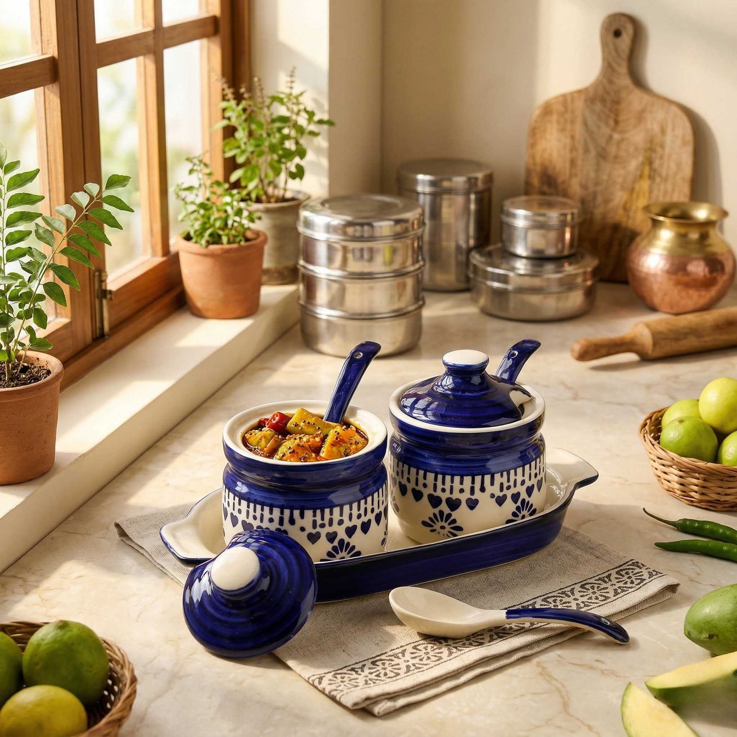 traditional ceramic pickle jar set with tray and spoons 