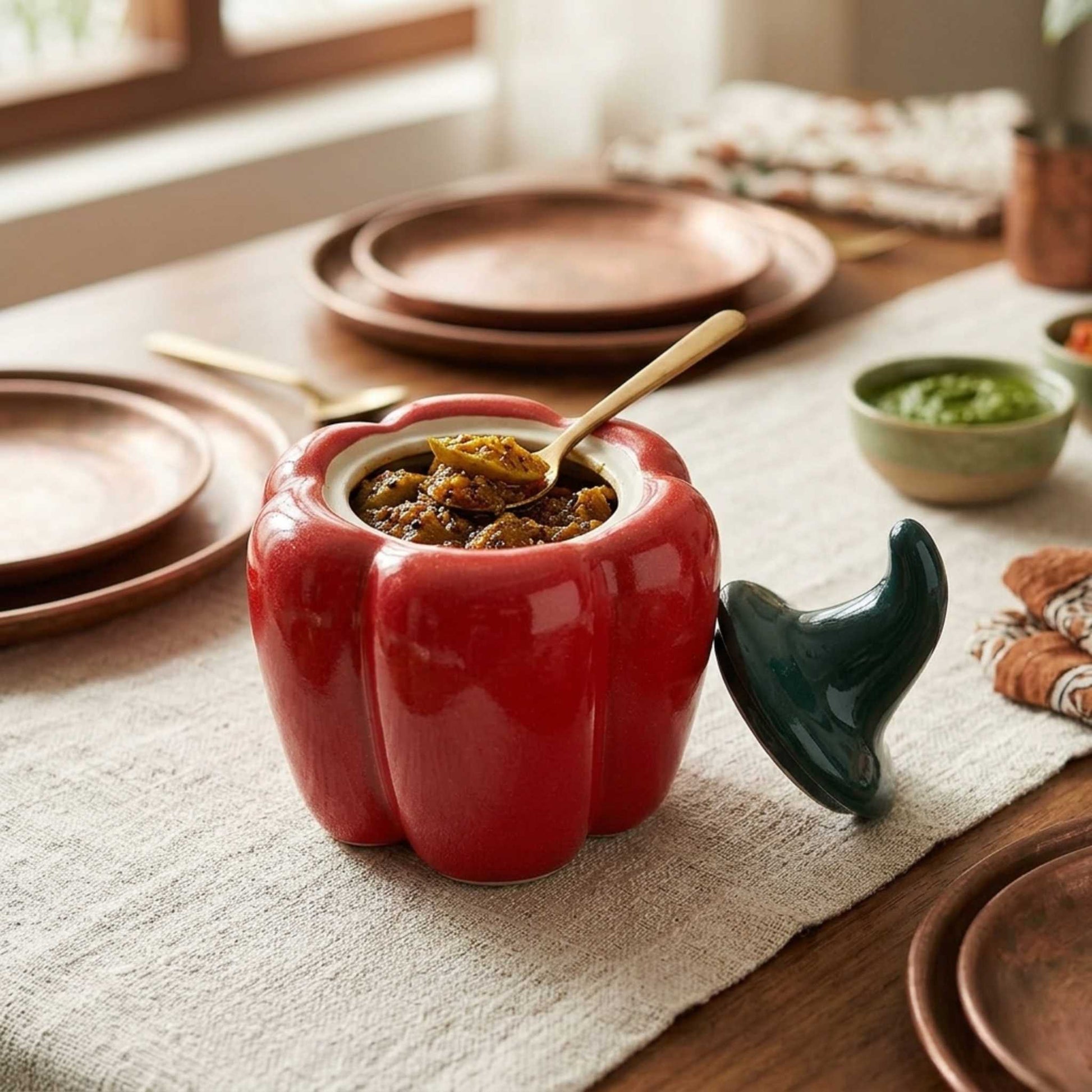red capsicum ceramic storage jar with lid for chutney and achar