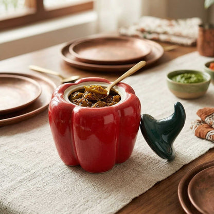 red capsicum ceramic storage jar with lid for chutney and achar