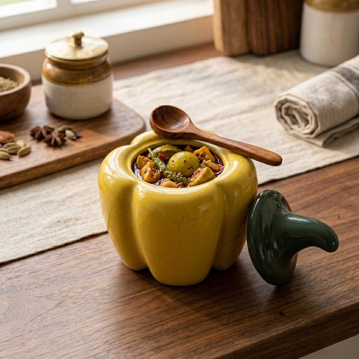 capsicum ceramic storage jar with lid for chutney and achar stylish kitchenware