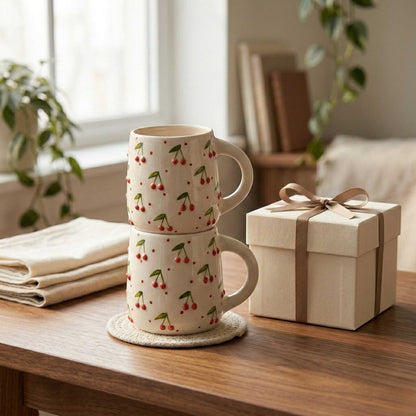 cute cherry ceramic mug with polka dots aesthetic coffee mug for girls gifting