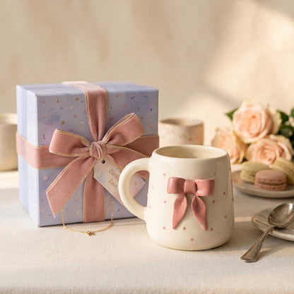 unique bow design ceramic coffee mug aesthetic cute mug for gifting and cozy lifestyle decor