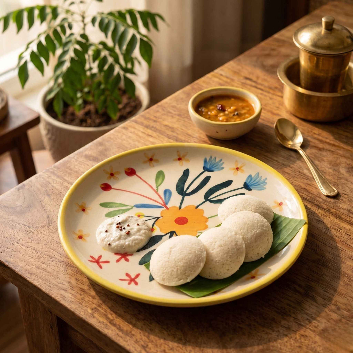 Decorative ceramic quarter plate with yellow flower, blue leaves and floral accents