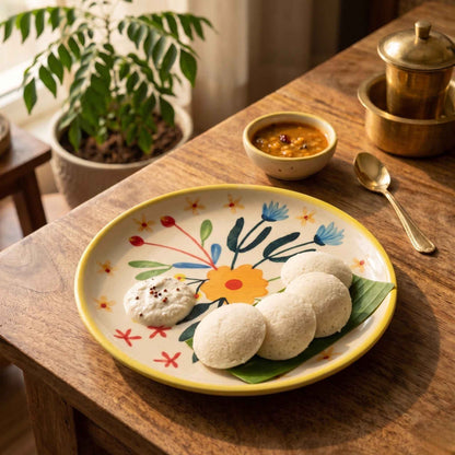 Decorative ceramic quarter plate with yellow flower, blue leaves and floral accents