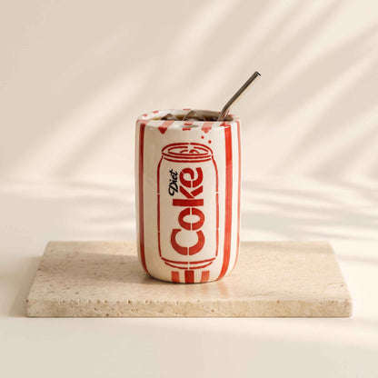 Diet Coke ceramic tumbler with stainless steel straw in trendy red and white design