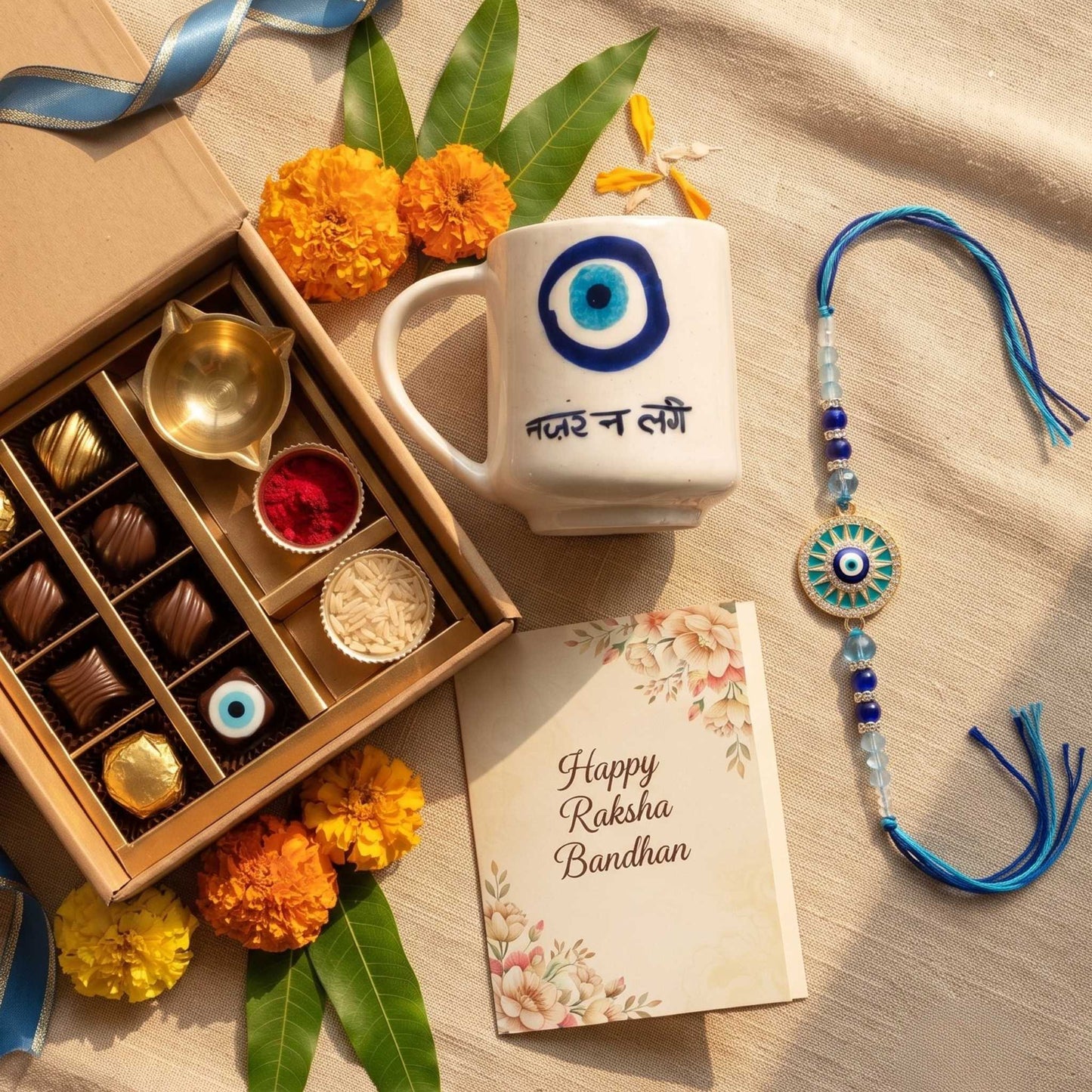Evil Eye ceramic coffee mug with Hindi Nazar Na Lage design Raksha Bandhan gift hamper