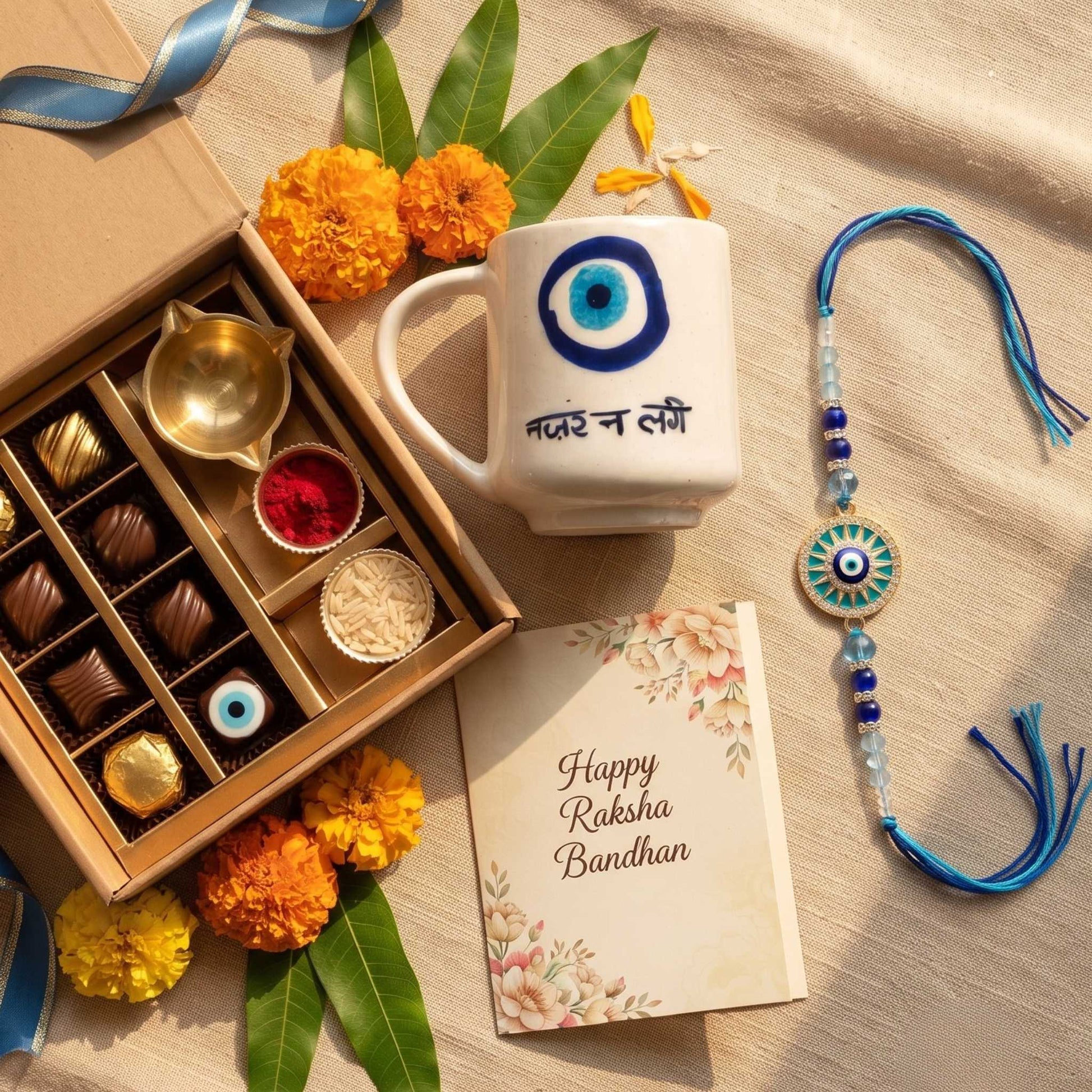 Evil Eye ceramic coffee mug with Hindi Nazar Na Lage design Raksha Bandhan gift hamper