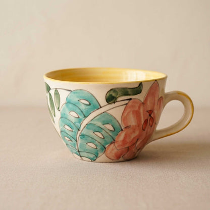 ceramic soup cup floral botanical design yellow interior tea coffee mug