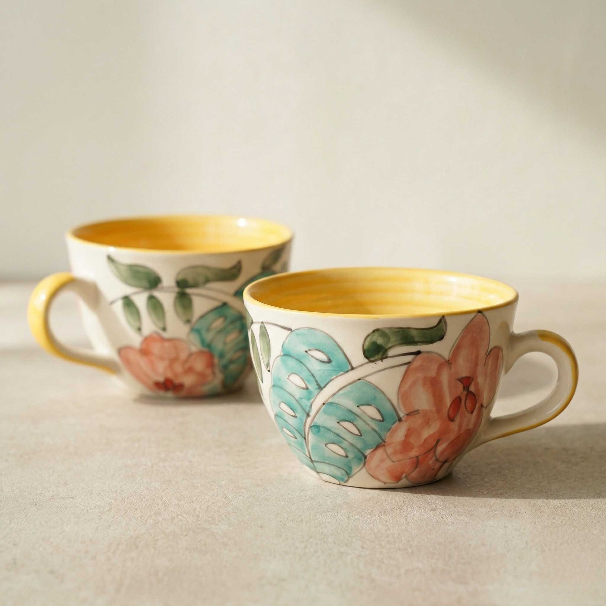 yellow floral ceramic soup cup handpainted tea mug with handle - Buy Online
