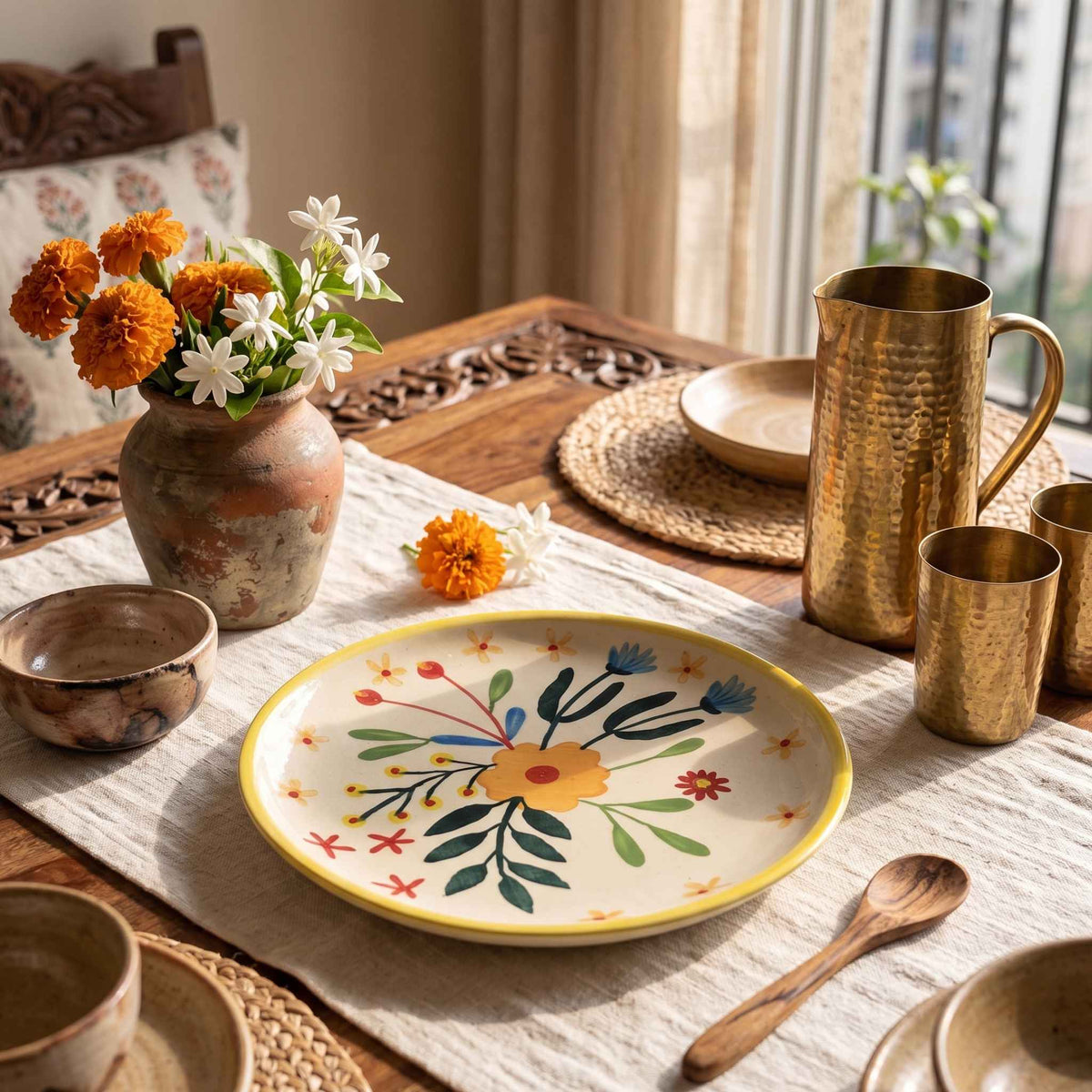 Floral hand-painted ceramic plate with yellow flower and blue botanical leaves