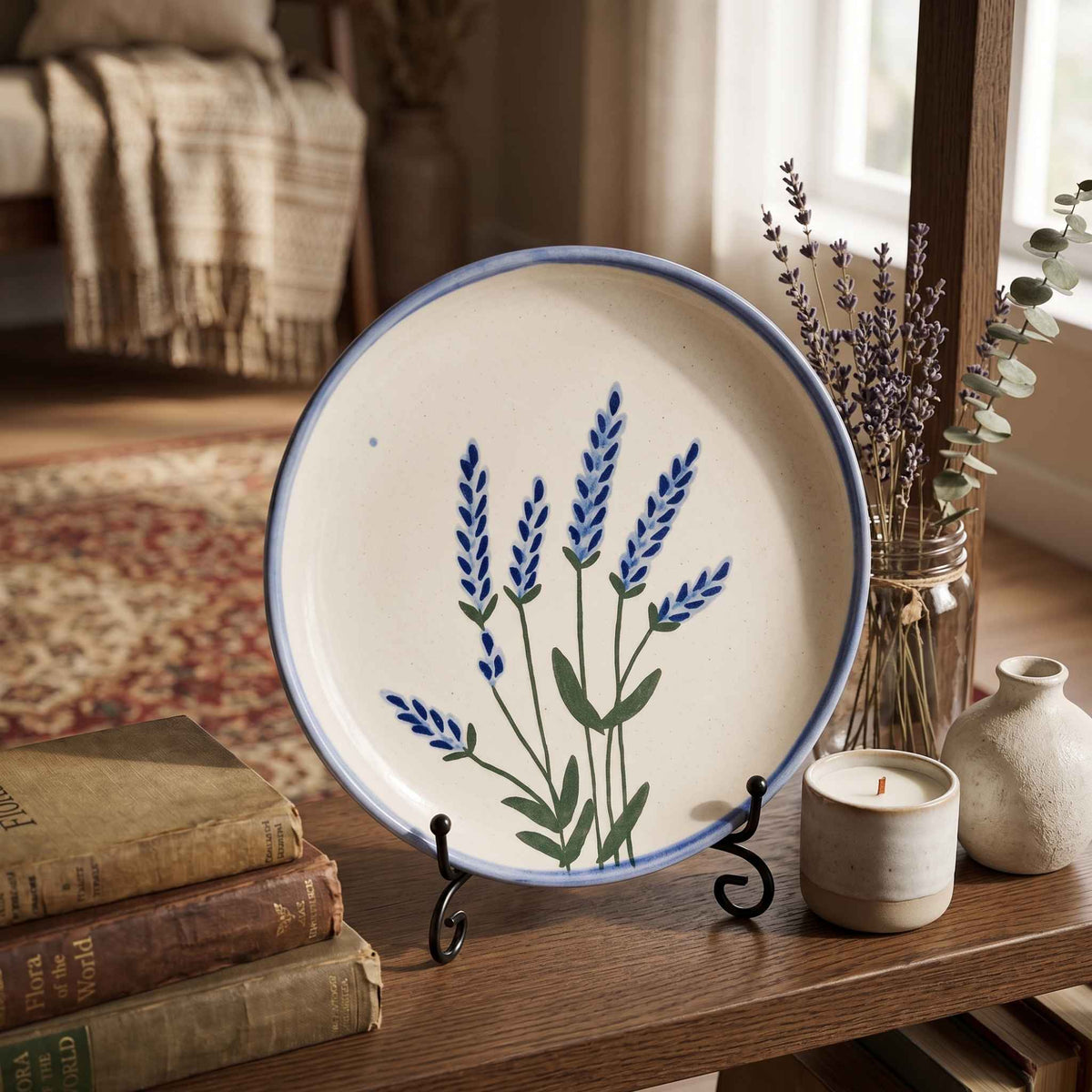 Hand-painted ceramic snack plate with blue lavender flowers and green leaves