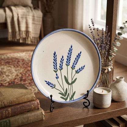 Hand-painted ceramic snack plate with blue lavender flowers and green leaves