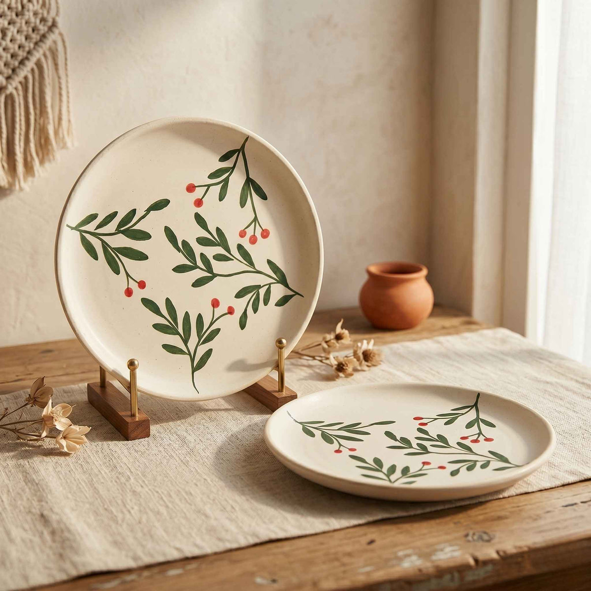 Hand-painted ceramic snack plate with olive leaf botanical design