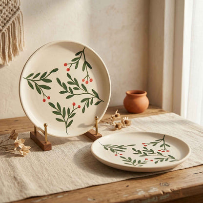 Hand-painted ceramic snack plate with olive leaf botanical design